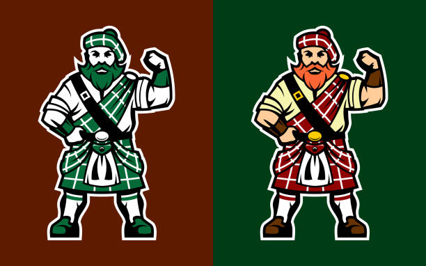 Brave Scottish Highlander character in kilt. Vector illustration of Scotsman in various color options