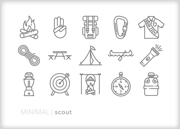 ilustraciones, imágenes clip art, dibujos animados e iconos de stock de conjunto de iconos de línea scout - camping