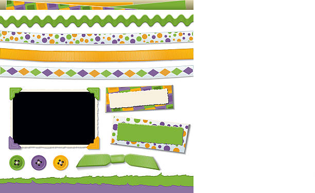Scrapbook design elements including ribbons, buttons, borders, and frames. JPEG version included with download is XXXL (18.6 in. x 18.6 in. at 300 dpi).