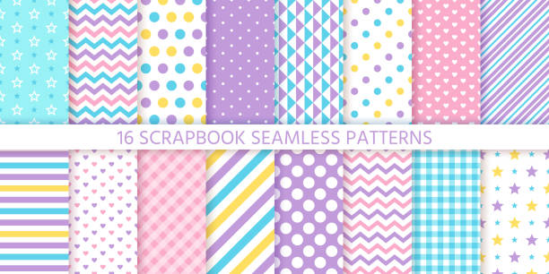Scrapbook seamless pattern. Vector illustration. Geometric pastel prints. Scrapbook seamless pattern. Vector. Cute chic backgrounds. Set textures with polka dots, stripes, zigzag, hearts, check and stars. Retro print. Pastel illustration. Geometric trendy color backdrop. kitchen borders stock illustrations