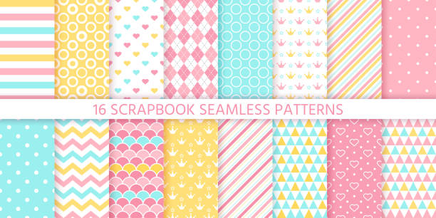 Scrapbook seamless pattern. Vector illustration. Geometric pastel backgrounds. Scrapbook seamless pattern. Vector. Cute birthday prints. Set textures with polka dot, stripe, zigzag, heart, crown, fish scale. Pastel illustration. Retro background. Geometric trendy color backdrop. kitchen borders stock illustrations