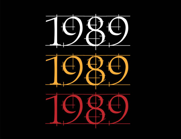 ilustraciones, imágenes clip art, dibujos animados e iconos de stock de fuente rayada año 1989. numeral en blanco, naranja y rojo sobre fondo negro. - 1980 1989