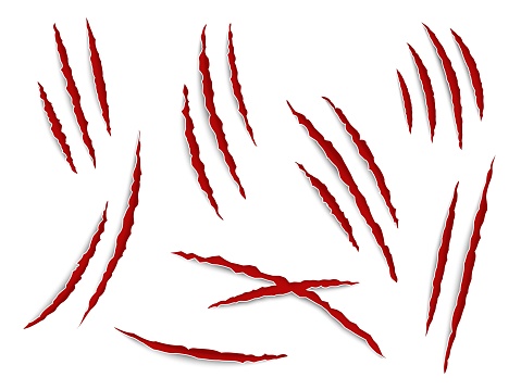 Scratches claws. Claw tracks animal, cat or tiger, bear or lion attack nails scratches with blood. Thriller horror halloween monsters signs. Vector realistic isolated on white set