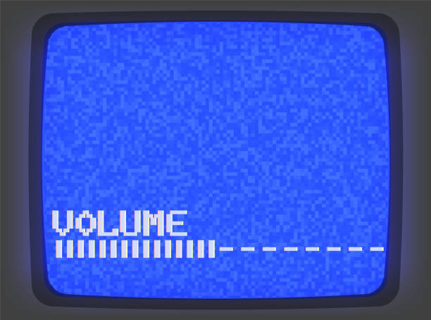VHS screen_workinf file Vector VHS blue intro screen of a videotape player with noise flickering. Retro 80 s style vintage green pixel art background. Old TV volume scale 90s television set stock illustrations