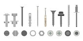 Flat screw construction hardware set side and from above view. Cartoon silver metallic fasteners, bolts, washer, nut, rivet, screw-bolt, rawl plug. Equipment and tools assortment. Vector illustration