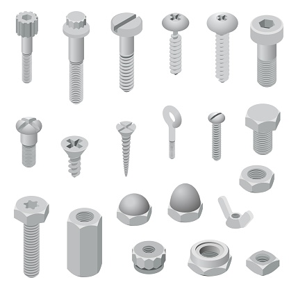 Screw-bolt icons set. Isometric set of screw-bolt vector icons for web design isolated on white background