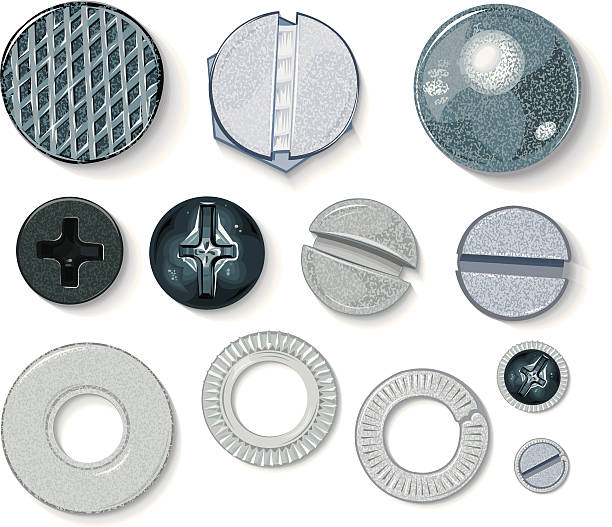 Screws, Washers, Nail Head, Construction Equipment Construction Equipment - Screws, Washers and Nail Head. Tight illustrations of screw heads, bolt, nail head and various washers. Nail, screw or bolt anything down in your layout. Layered for easy edits. Mix and match. Check out my "Construction Vector" light box for more. bolt fastener stock illustrations
