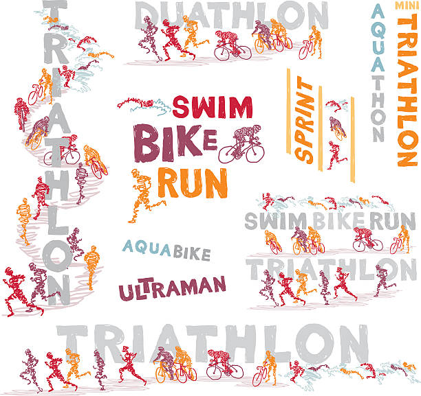 Scribbled Triathlon Events Triathlon event titles with runners, cyclists and swimmers. triathlon stock illustrations