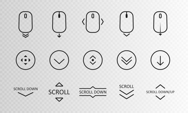 Scroll down icon. Scrolling mouse symbol for web design isolated on transparent background. Modern vector illustration Scroll down icon. Scrolling mouse symbol for web design isolated on transparent background. Modern vector illustration. scrolling stock illustrations