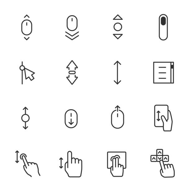 scrolling, icon set. scroll up and down, linear icons. Line with editable stroke scrolling, icon set. scroll up and down, editable stroke scrolling stock illustrations