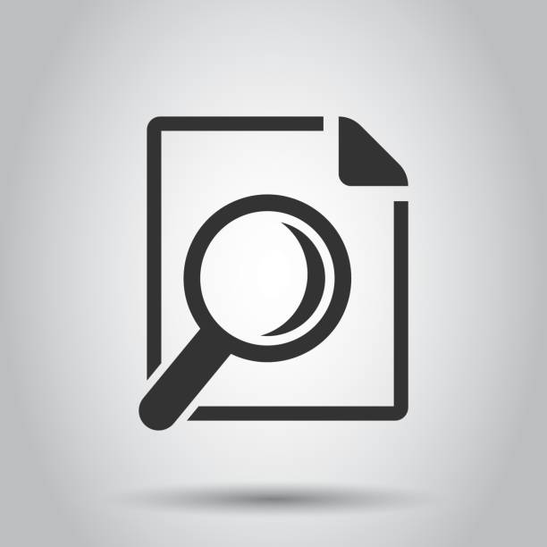 Scrutiny document plan icon in flat style. Review statement vector illustration on white background. Document with magnifier loupe business concept. Scrutiny document plan icon in flat style. Review statement vector illustration on white background. Document with magnifier loupe business concept. bank fraud detection company stock illustrations