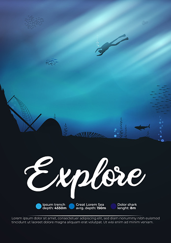 Scuba diver underwater ocean scene background of reefs explore poster