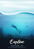 Scuba diver underwater ocean scene background of reefs explore poster