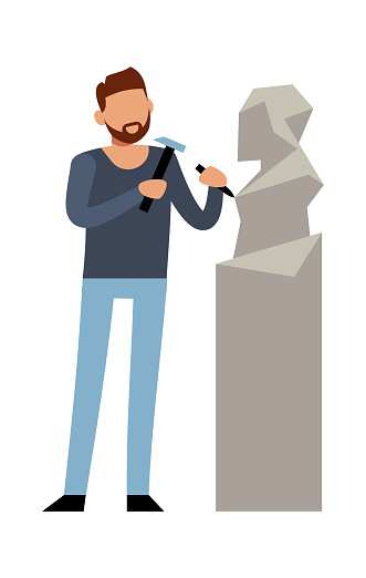 Sculptor at work. Modern cartoon male character make sculpture out of marble stone, talent artist with statue and tools, creative profession and hobby vector flat cartoon illustration
