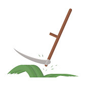 istock Scythe. Hand-held agricultural tool for cutting grass and leveling lawns. Wooden handle and steel blade. Isolated on a white background. Vector illustration. Flat style. 1300665380