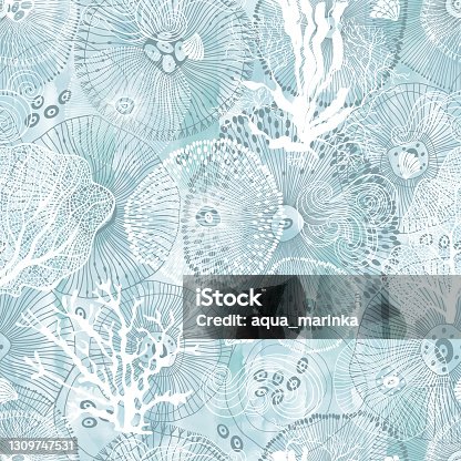 istock Sea. Abstract seamless pattern on the marine theme on blue watercolor background. Vector. Perfect for design templates, wallpaper, wrapping, fabric and textile. 1309747531