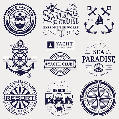 Set of sea and nautical typography badges. Collection of vector templates for company emblems, business identity or web design. Sailing cruise, yachting, resort hotel, navigation and other themes.