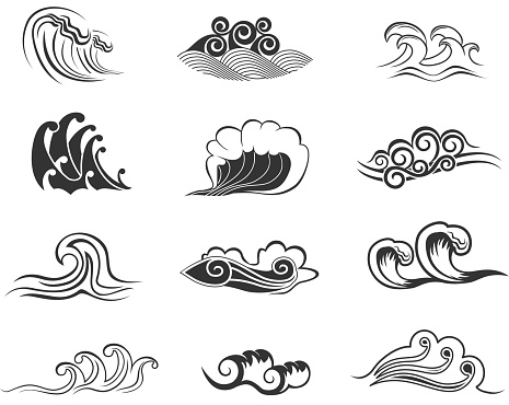 Waves vintage icons with sea and ocean water curls. Black and white...