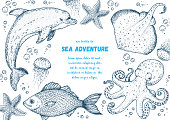 Sea animals hand drawn collection. Sketch illustration. Dolphin, cramp-fish, octopus, starfish, jellyfish and fish illustration. Vintage design template. Undersea world