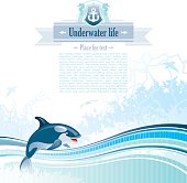 Sea background in blue colors with net, foam, and seagulls and whale. Copyspace for your text