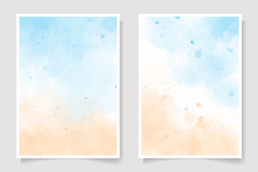 sea blue sky and sand beach watercolor background for wedding invitation card template collection 5x7