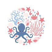 Greeting card or poster with handwritten inscription Hello Summer. Octopus, Starfish, Seashells, Corals and Crabs. Vector Illustration EPS. Isolated Background.