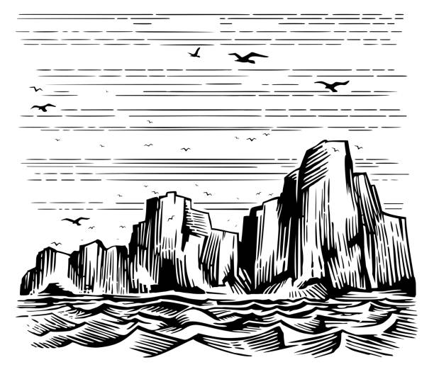 Sea cliffs and seagulls landscape Seascape cliffs on the shore and seagulls in the sky. Vector Imitation of engraving. Scratch board style hand drawn sketch image. rock formations stock illustrations
