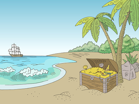Sea coast buried treasure graphic color landscape sketch illustration vector