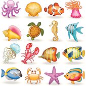Vector icons of various sea creatures.