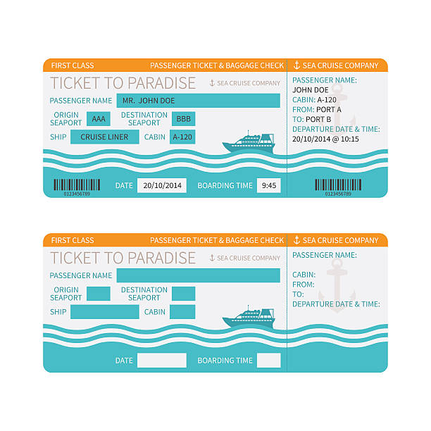 Sea cruise ship boarding pass or ticket template Sea cruise ship boarding pass or ticket template cruise vacation stock illustrations