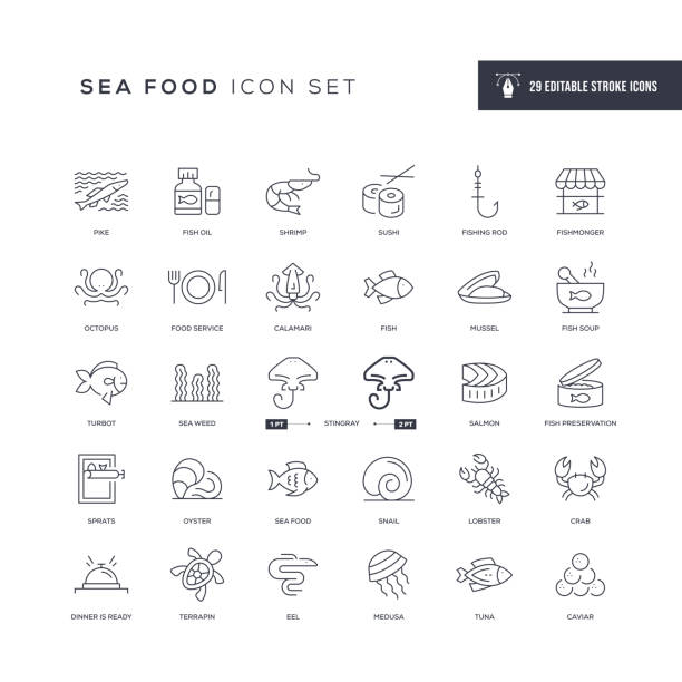 illustrazioni stock, clip art, cartoni animati e icone di tendenza di icone della linea di tratti modificabili sea food - tonno frutto di mare