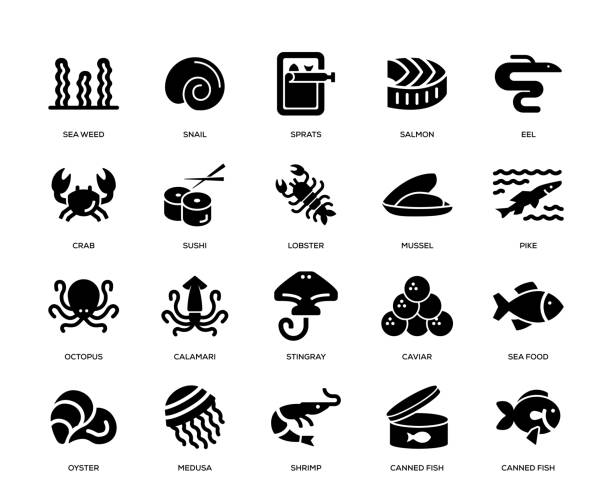 ilustraciones, imágenes clip art, dibujos animados e iconos de stock de conjunto de icono de alimentos marinos - roe