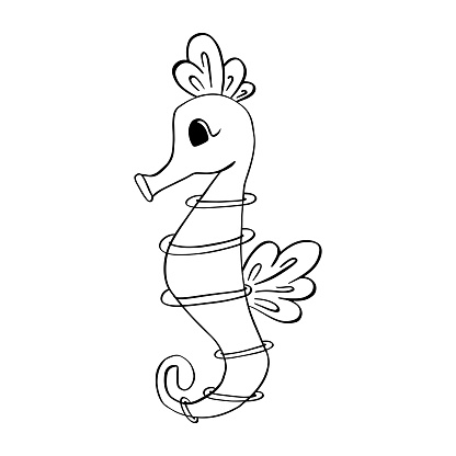 Sea Horse. Black and white outline. Vector image in cartoon style. Children's coloring book.