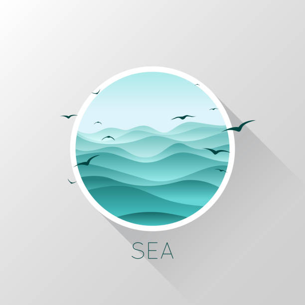 illustrazioni stock, clip art, cartoni animati e icone di tendenza di icona del mare. onde e gabbiani. illustrazione vettoriale. - spiaggia mare