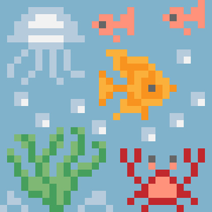 Sea life underwater pixel art.  Fish, jellyfish, crab