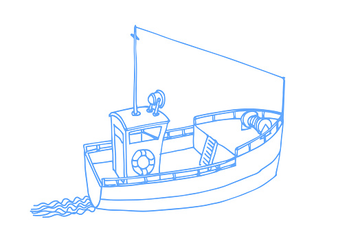 sea longboat for fishing and travel with wake of waves