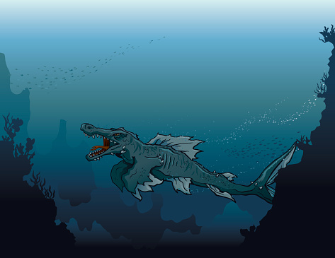Sea Monster Swimming in Deep, Dark Water