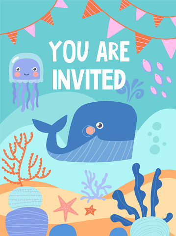 Sea or nautical invitation to birthday party with whales, octopus and fish swimming underwater and decoration. Text and date. Colorful cartoon flat vector illustration