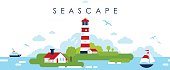 Sea panorama seamless background view with lighthouse on coast in flat style