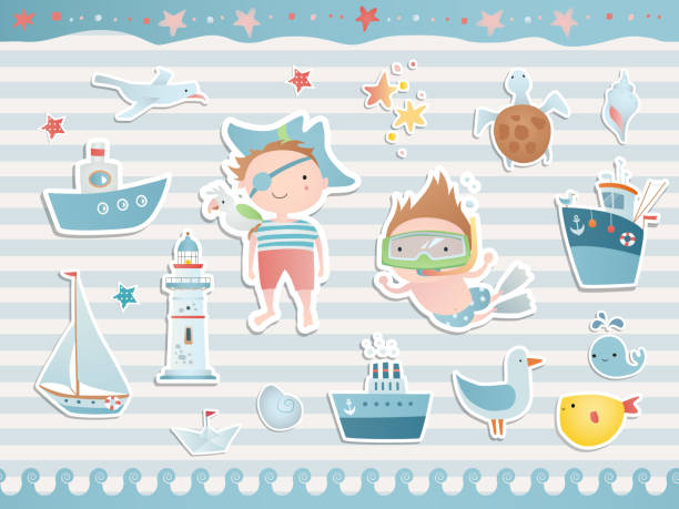 stockillustraties, clipart, cartoons en iconen met zee set met grappige kinderen, schip, boot, vis. scrapbook collectie. - swimming baby