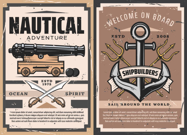 Sea ship anchor, naval cannon Nautical anchor and old naval cannon vector heraldic poster. Sailing ship anchors, marine tridents, cannon and pirate swords, cannonballs and vintage ribbon banner, nautical adventure retro posters trident spear stock illustrations