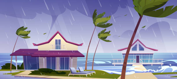 Sea storm and rain on beach with bungalows Sea storm with rain and tornado on tropical beach with bungalows and palm trees. Vector cartoon landscape of stormy ocean with waves, villas on coast, wind, hurricane storm stock illustrations