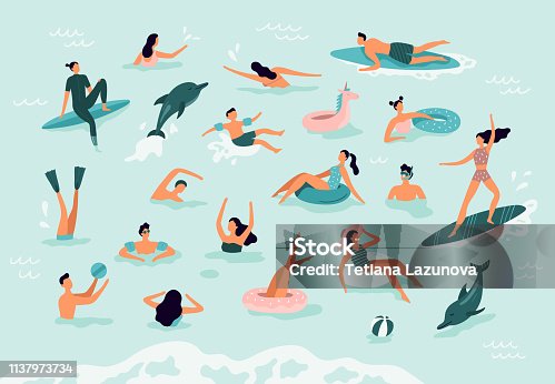 istock Sea swimming. Active people diving, swim with dolphins and surfing. Summer ocean swimming vector illustration 1137973734