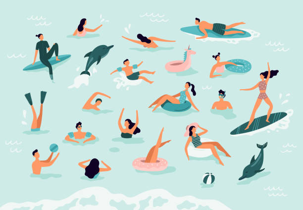 Sea swimming. Active people diving, swim with dolphins and surfing. Summer ocean swimming vector illustration Sea swimming. Active people diving, swim with dolphins and surfing. Summer ocean swimming, enjoy tropical surfers or surf wave catch vacation vector illustration swimming stock illustrations