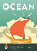 Vector illustration sailfish fishing on a vintage poster sea theme travel