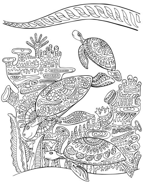 Sea turtle doodle style coloring page. Underwater vector illustration for adult coloring. vector art illustration