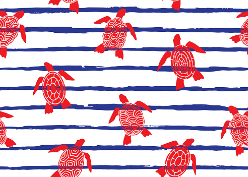 Sea turtle with abstract shell seamless pattern. Vector illustration background.