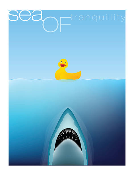 Sea Picture of a rubber duck floating on the sea with a shark rising up from under the ocean ready to grasp it in it's sharp teeth like in the Movie "Jaws." animal teeth stock illustrations