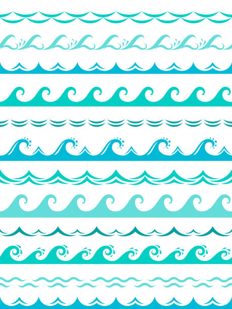Sea wave borders. Seamless ocean storm waves wavy surface blue water splash silhouette elements horizontal frame vector set Sea wave borders. Seamless ocean storm waves wavy surface blue water splash silhouette elements horizontal frame vector isolated set wave water borders stock illustrations