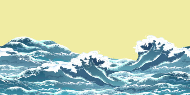 Sea wave horizontal seamless pattern in oriental vintage ukiyo-e style, realistic vector illustration. Sea wave horizontal seamless pattern in oriental vintage ukiyo-e style, realistic vector illustration on yellow background, ready for parallax effect. storm backgrounds stock illustrations